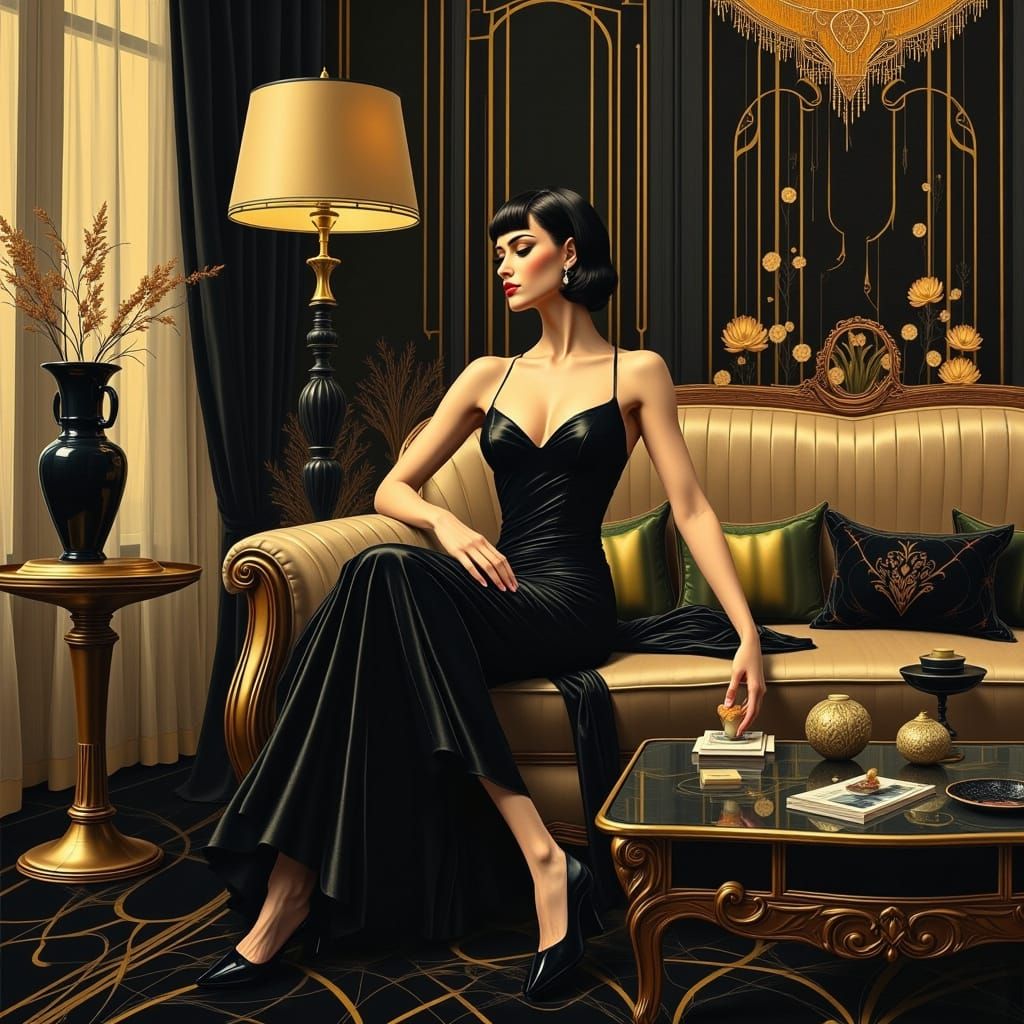 Elegant Woman in Art Deco Sitting Room