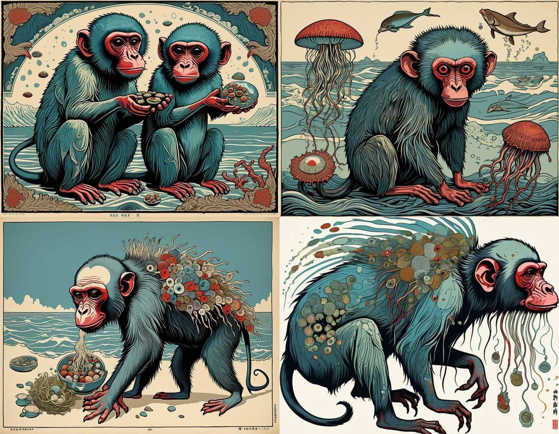 Bizarre Ukiyo-e Mutant Sea Creatures in Woodcut Style
