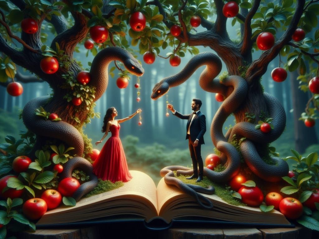 Elegant Couple Bites into Apple in Paradise Garden