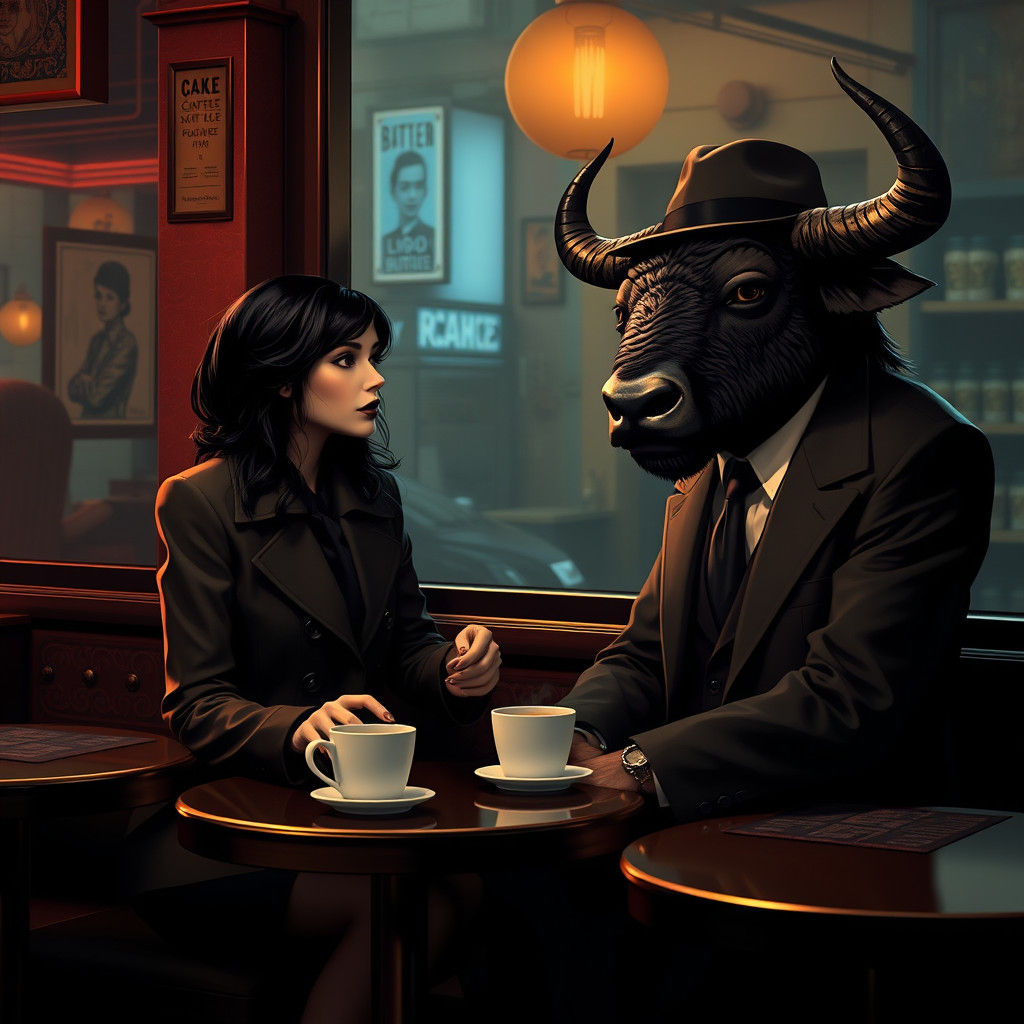 Witch and Buffalo Chat in Smoky Coffee Shop