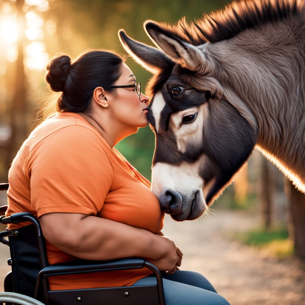Fat Woman Kissing Anthropomorphic Donkey in Hyper-Realistic ...