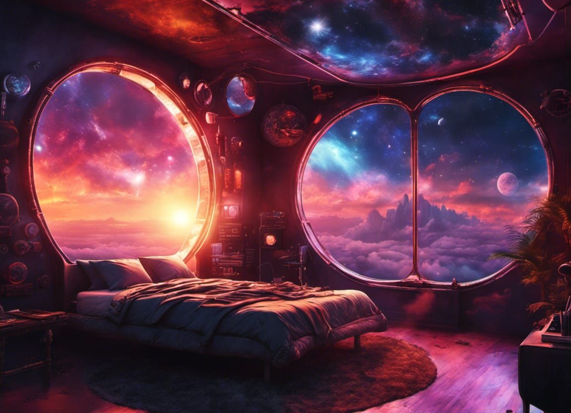 Cyberpunk Spaceship Bedroom with Nebula View