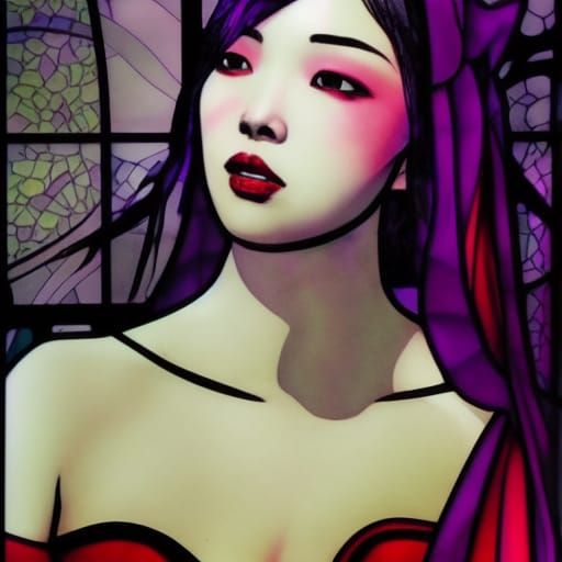 Gothic Stained Glass Portrait of Asian Woman