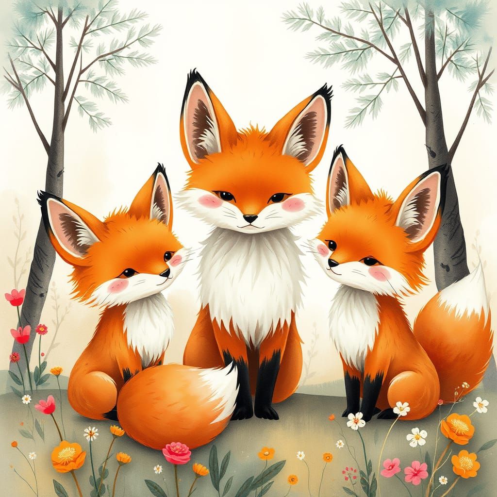 Whimsical Foxes in Dreamy Watercolor Landscape