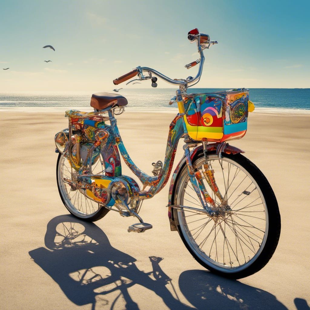 Dog on Bike at Beach in Pop Art Style