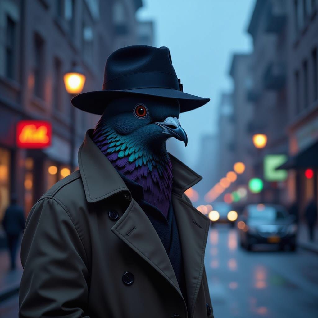 Spy Pigeon Infiltrating City Street in Sci-Fi Style