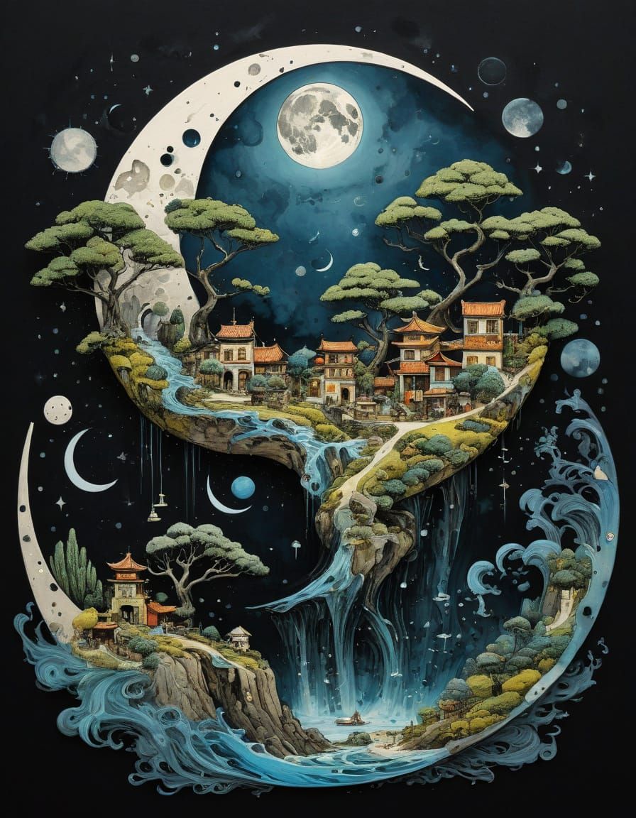 Earth and Moon Yin Yang in Sumi-e Style