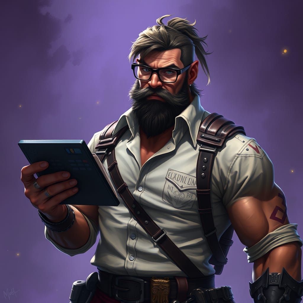 Half Orc Barbarian Accountant in Dark Fantasy Attire