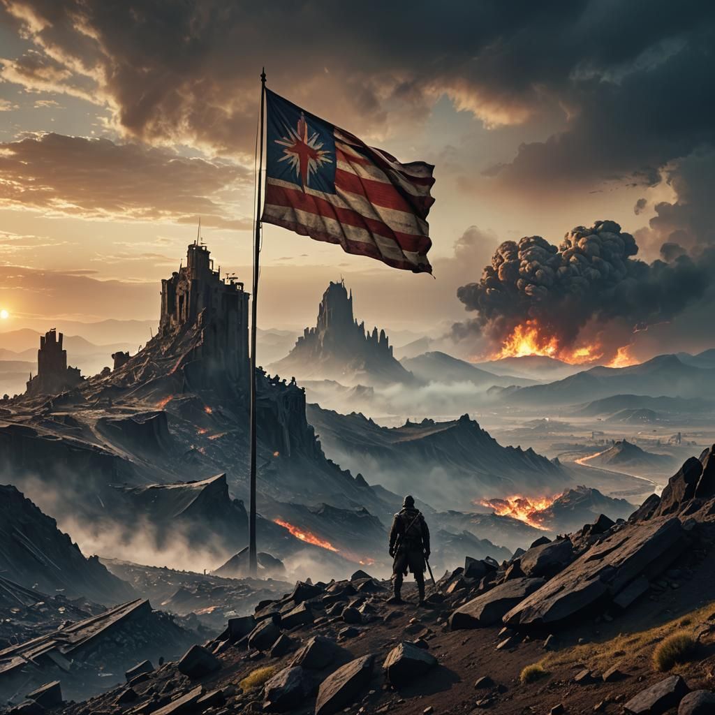 Majestic Flag Over Ruined Cityscape: Digital Matte Painting
