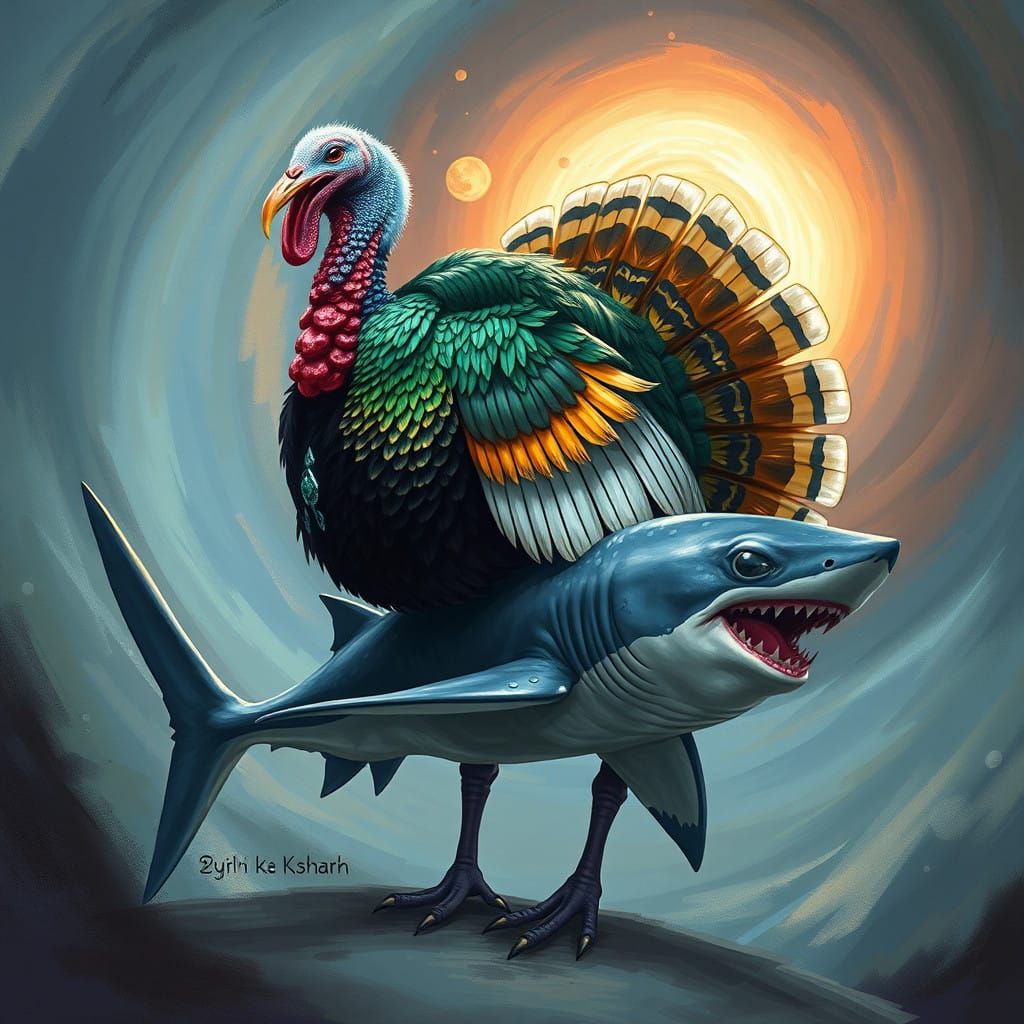 Majestic Turkey-Shark Hybrid in Dreamlike Environment
