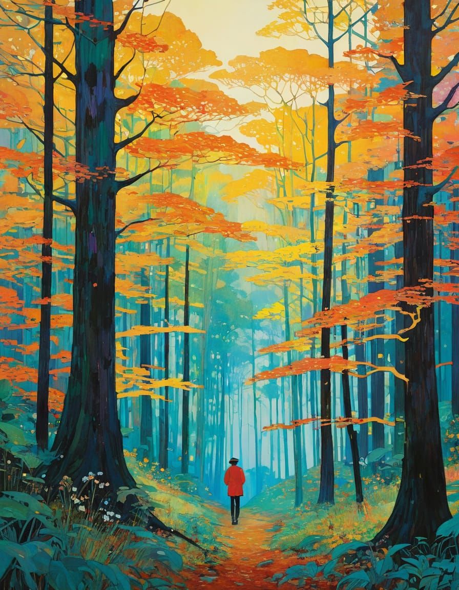 Mysterious Forest at Golden Hour in Art Nouveau Style