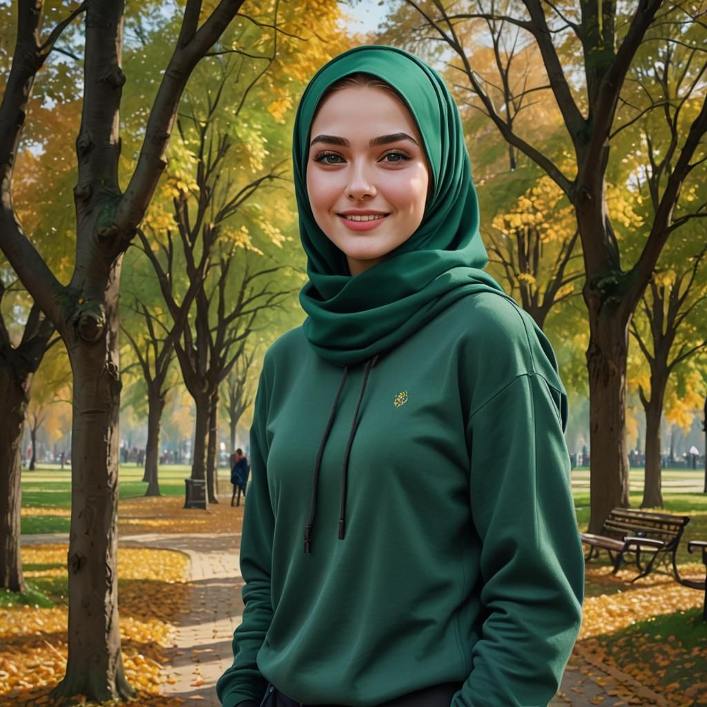 Emerald Beauty in Autumn Park: Detailed Matte Painting