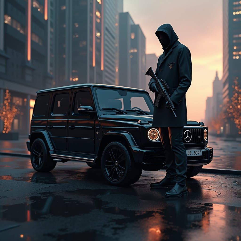 Stoic Figure in High-Fashion Attire with AK-45 and Mercedes....