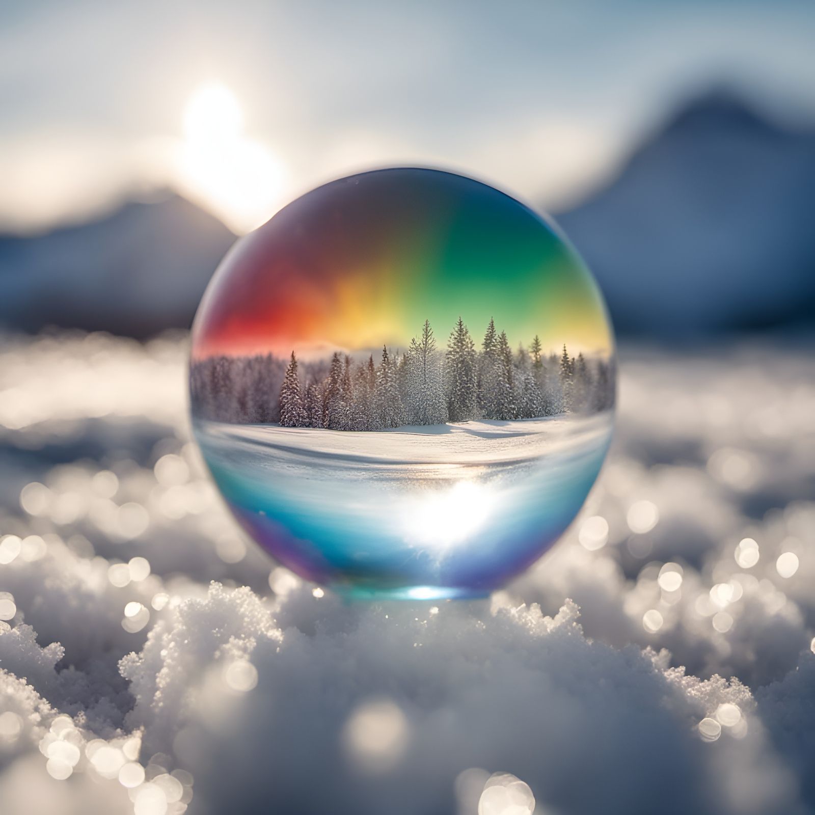 Rainbow Crystal Sphere in Snowy Landscape