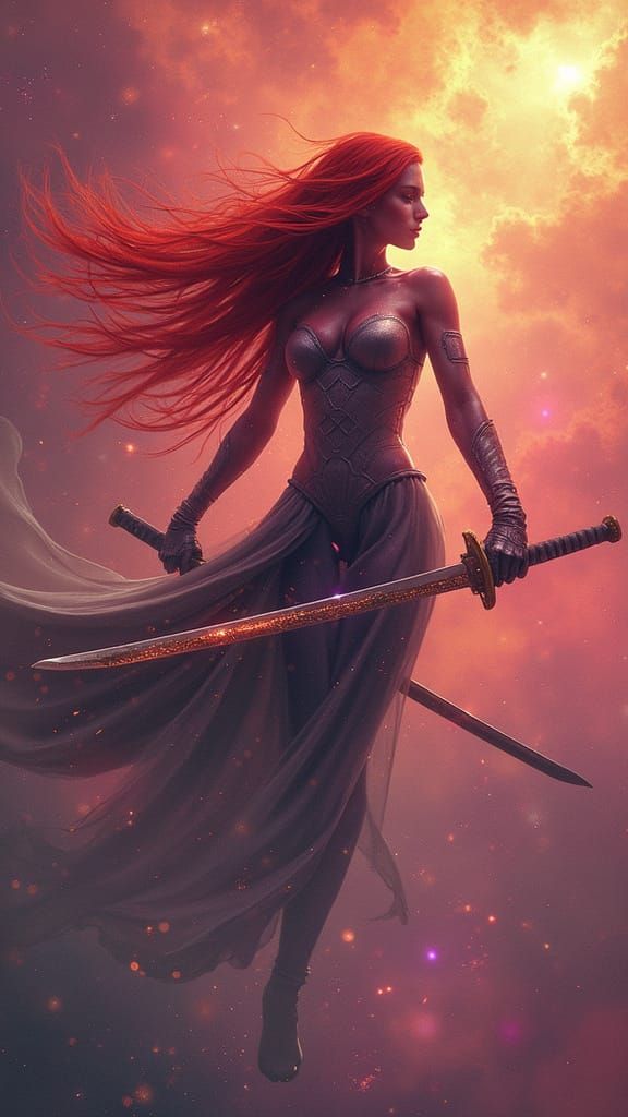 Woman with Katana Flies Through Nebula, Futuristic Art