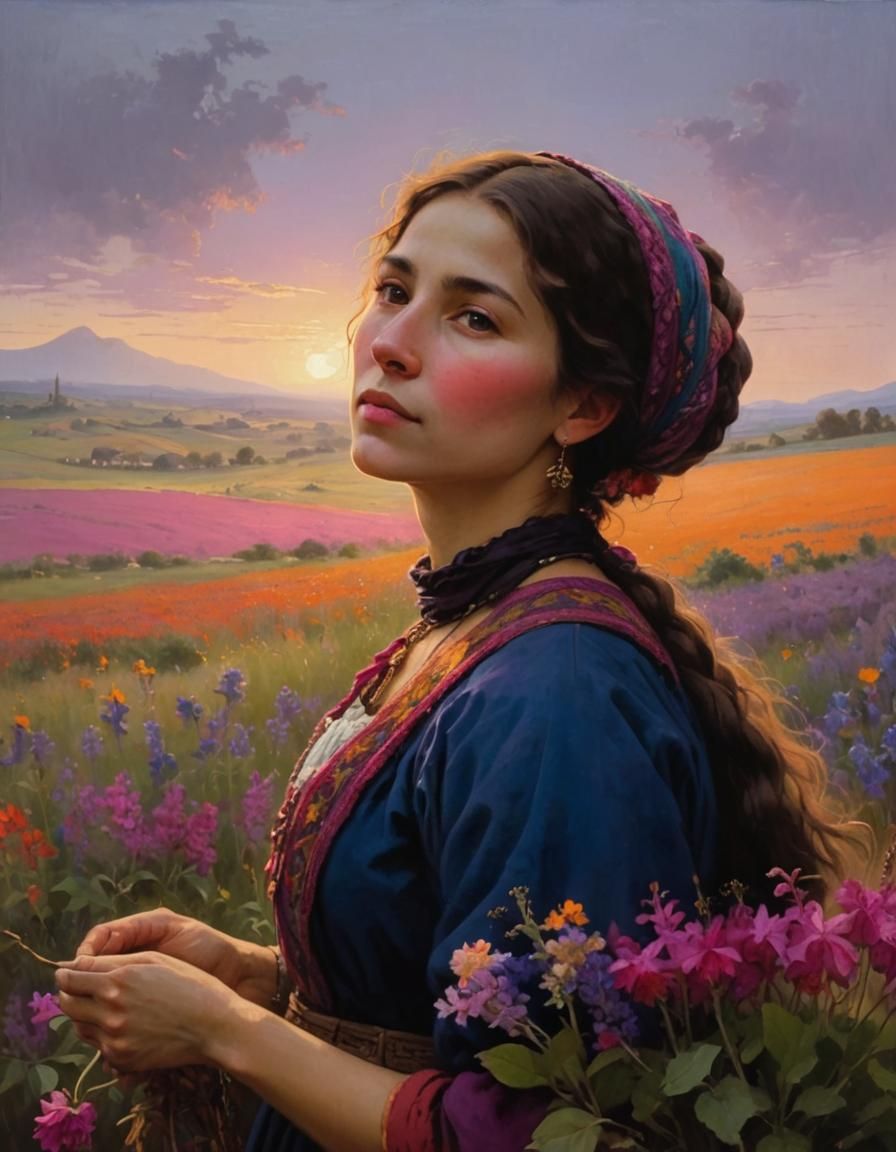 Peasant Woman Portrait with Flowers, Rembrandt Style