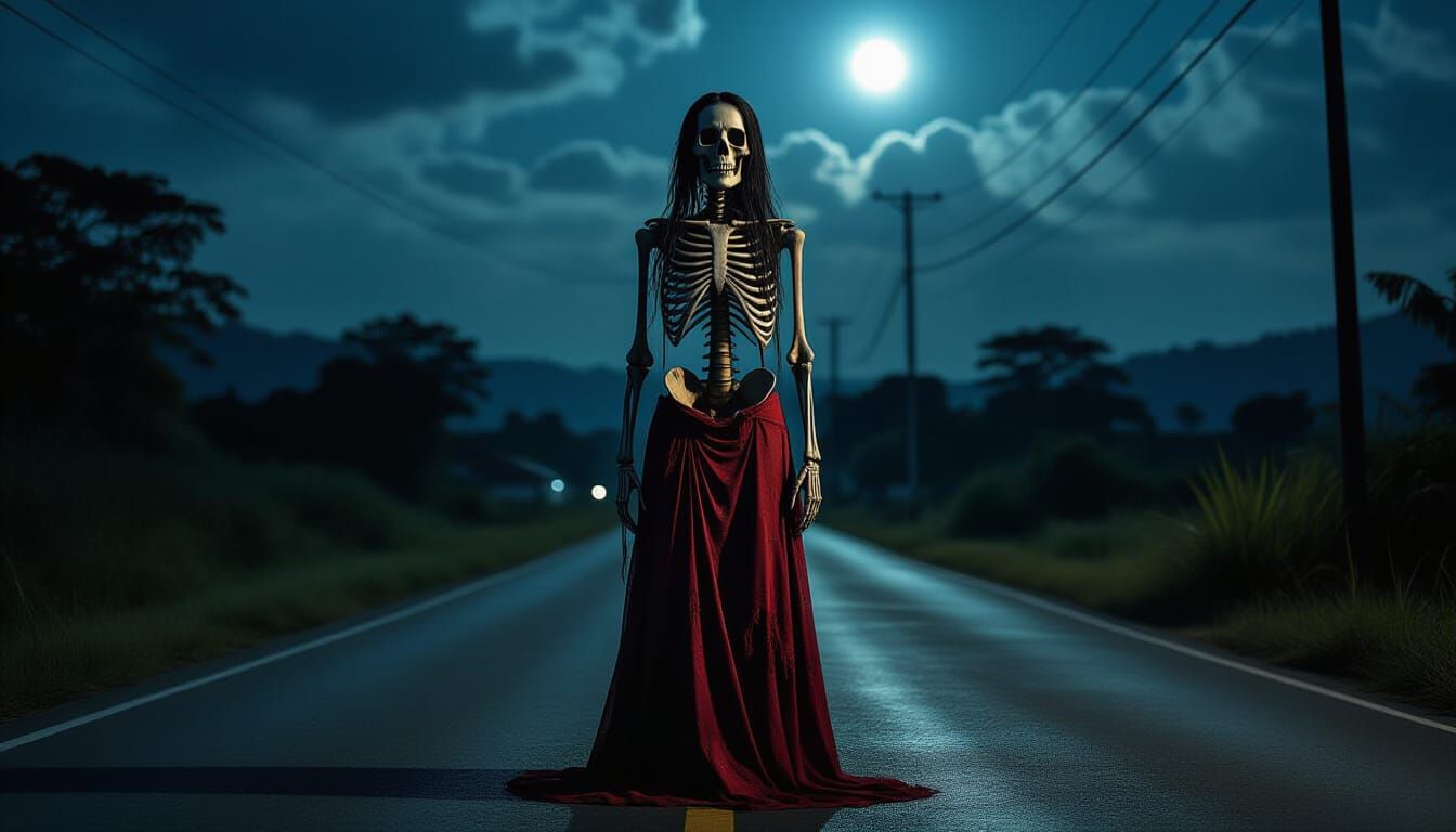 La Desencarnada: Skeletal Figure on Moonlit Road