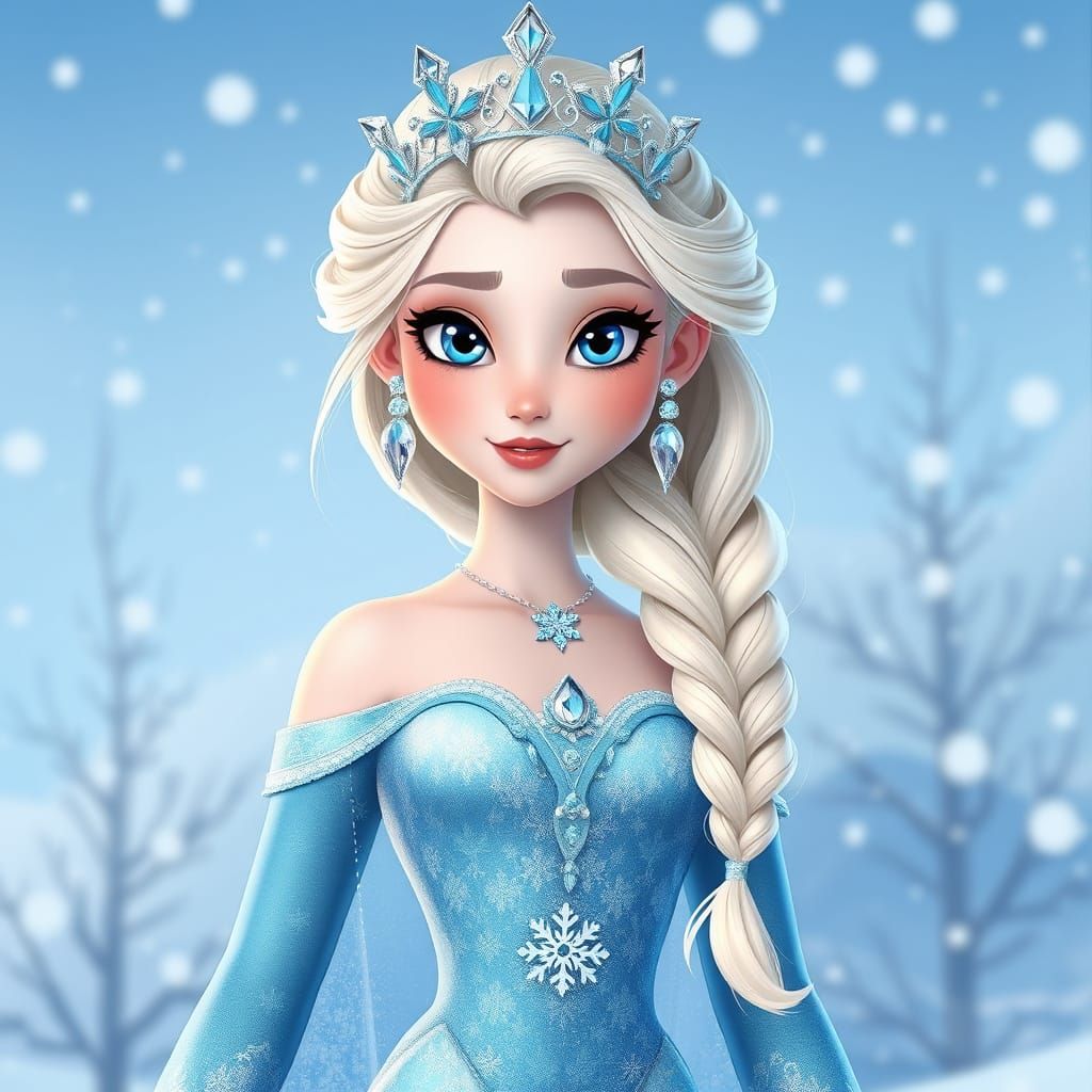 Ice Queen in Winter Landscape, 3D Cartoon Style