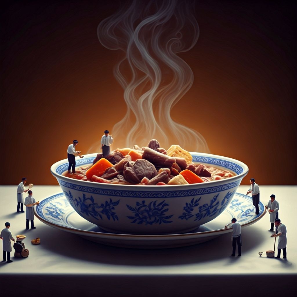 Steaming Cholent Bowl with Hasidic Figures in Cinematic Ligh...