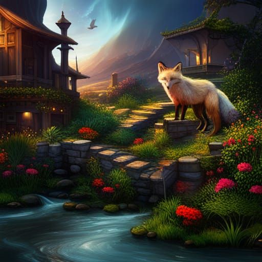 Fantastical Flower Fox in Detailed Matte Painting