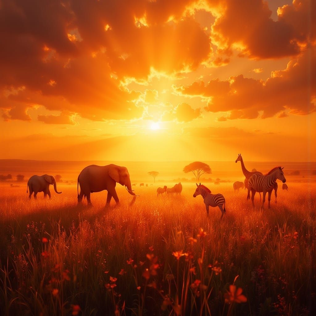 African Savannah Sunset with Wildlife Silhouettes