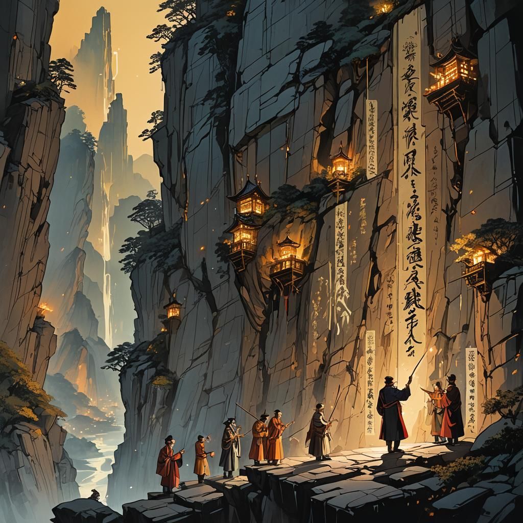 Magical Calligraphy on Cliffside at Night