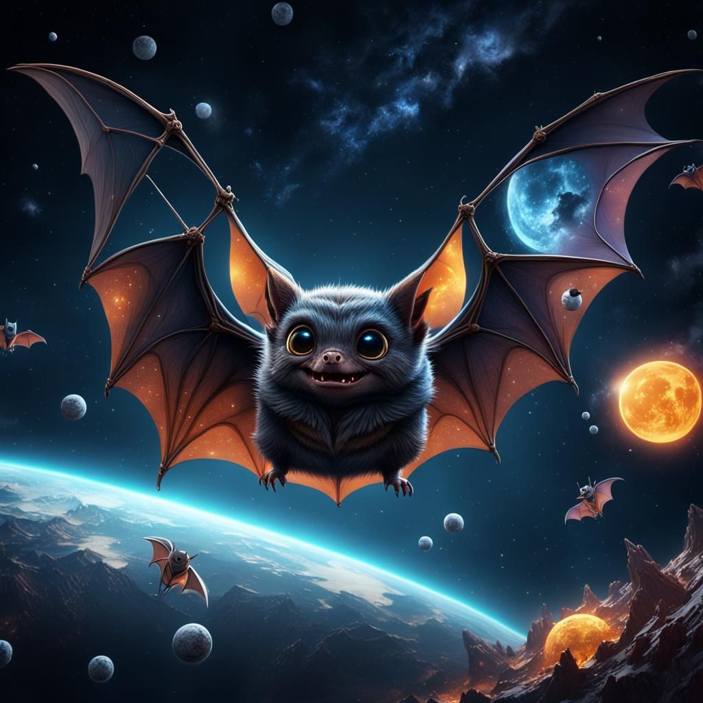 Cute Bat Soaring Through Colorful Galaxy