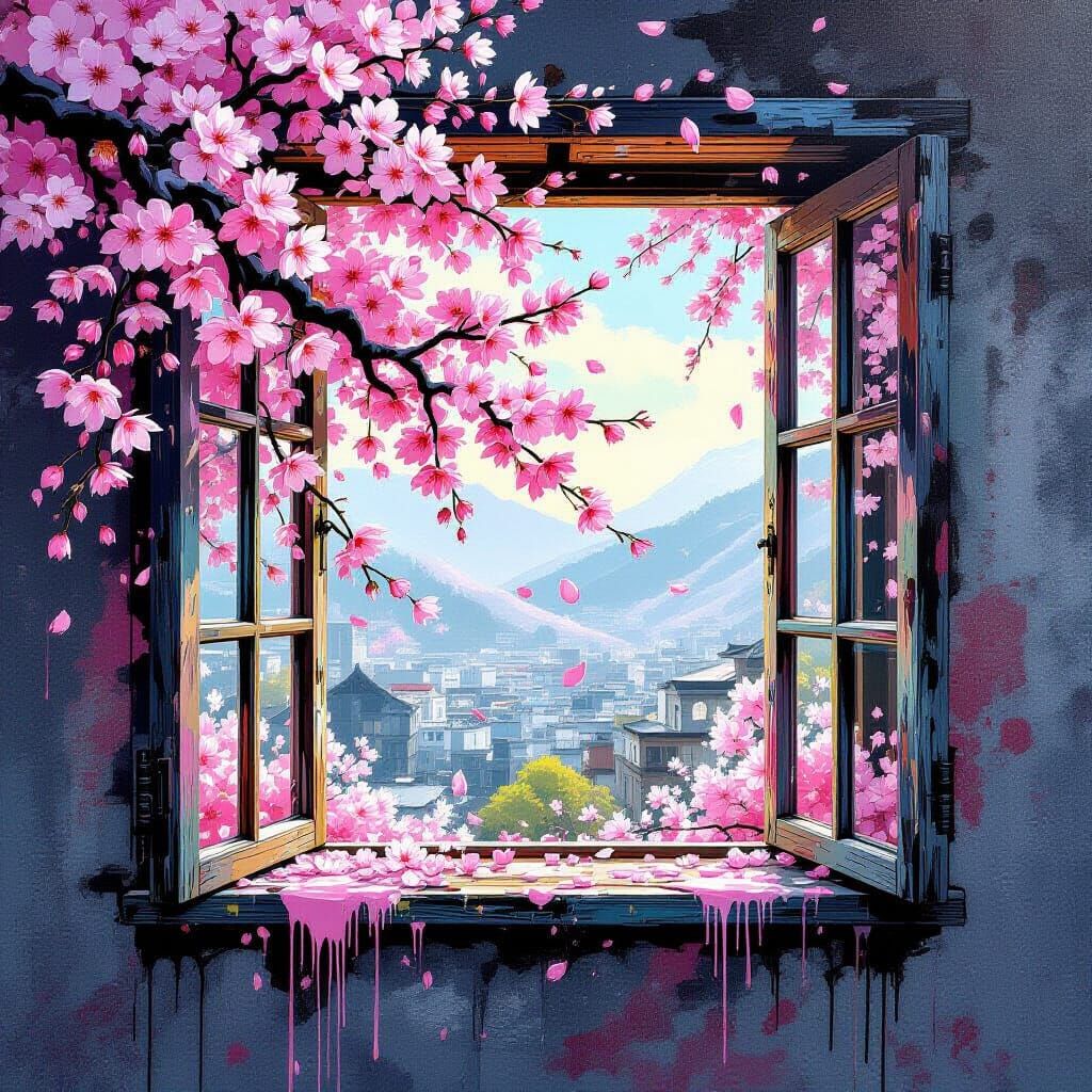 Cherry Blossoms Cascade From Open Window In Graffiti Style