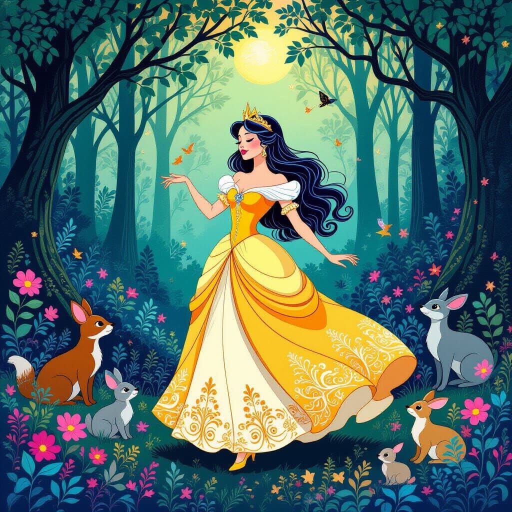 Sleeping Beauty Dances with Animals in Magical Forest