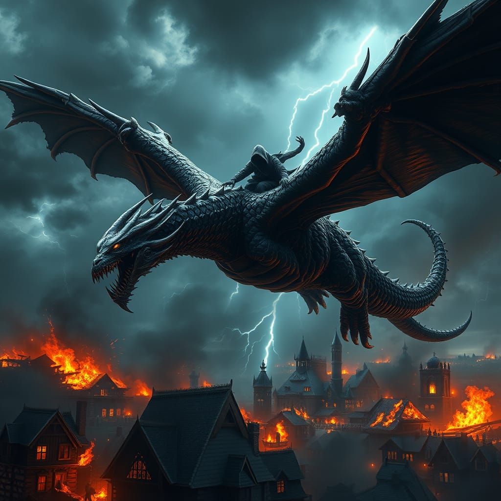 Dark, Twisted Fellbeast Soars Through Stormy Sky in Gothic A...