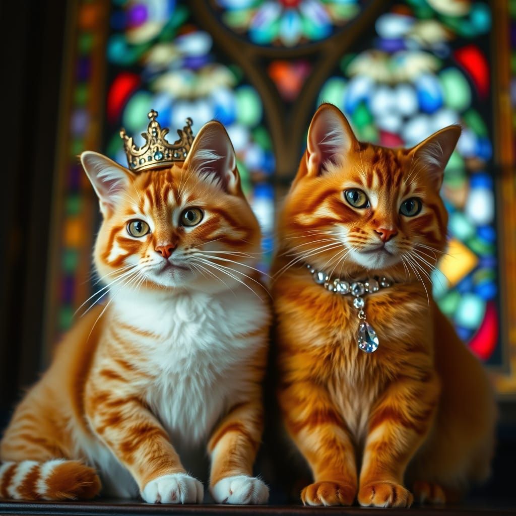 Regal Felines Amidst Vibrant Stained Glass