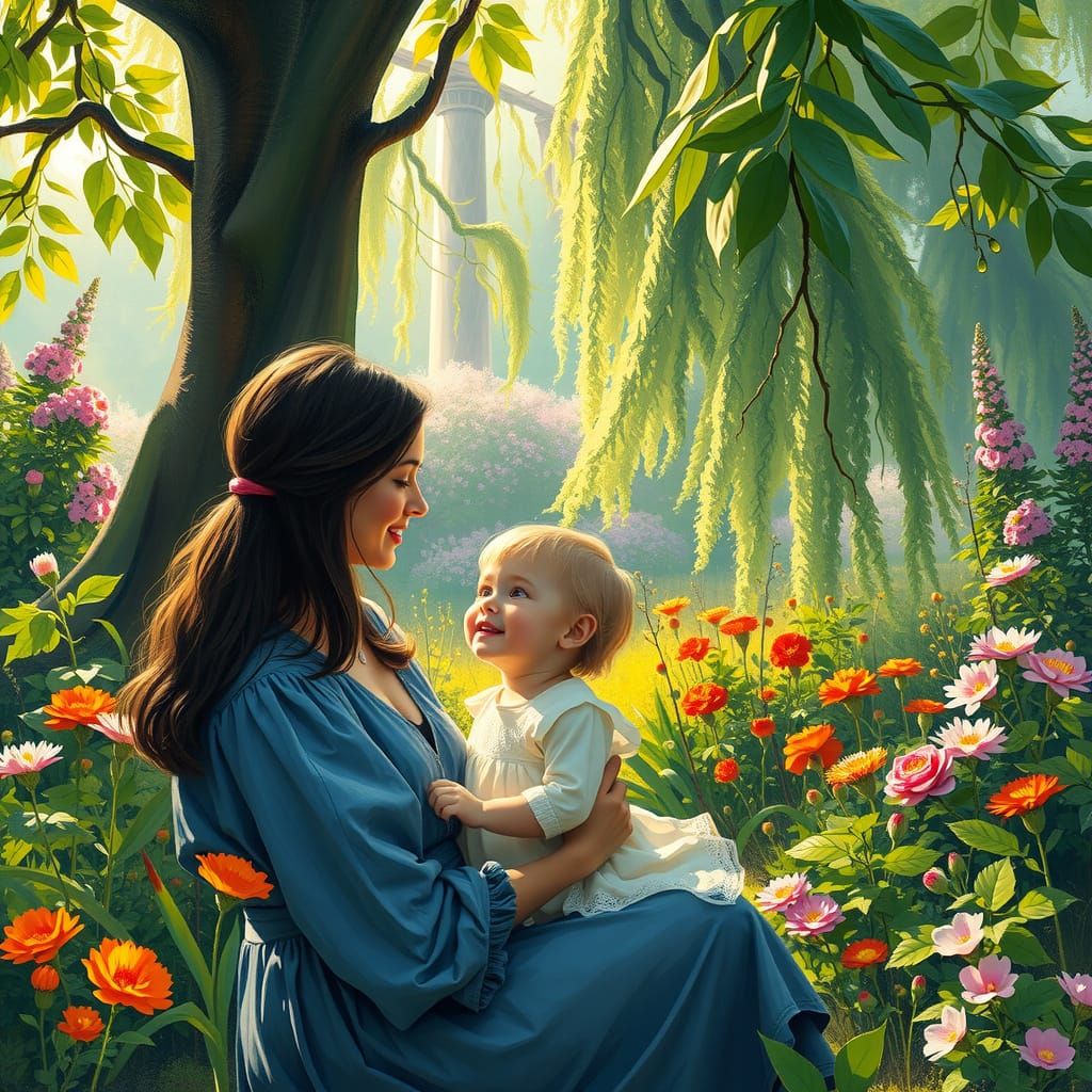 Woman and Child in a Vibrant Dutch Garden