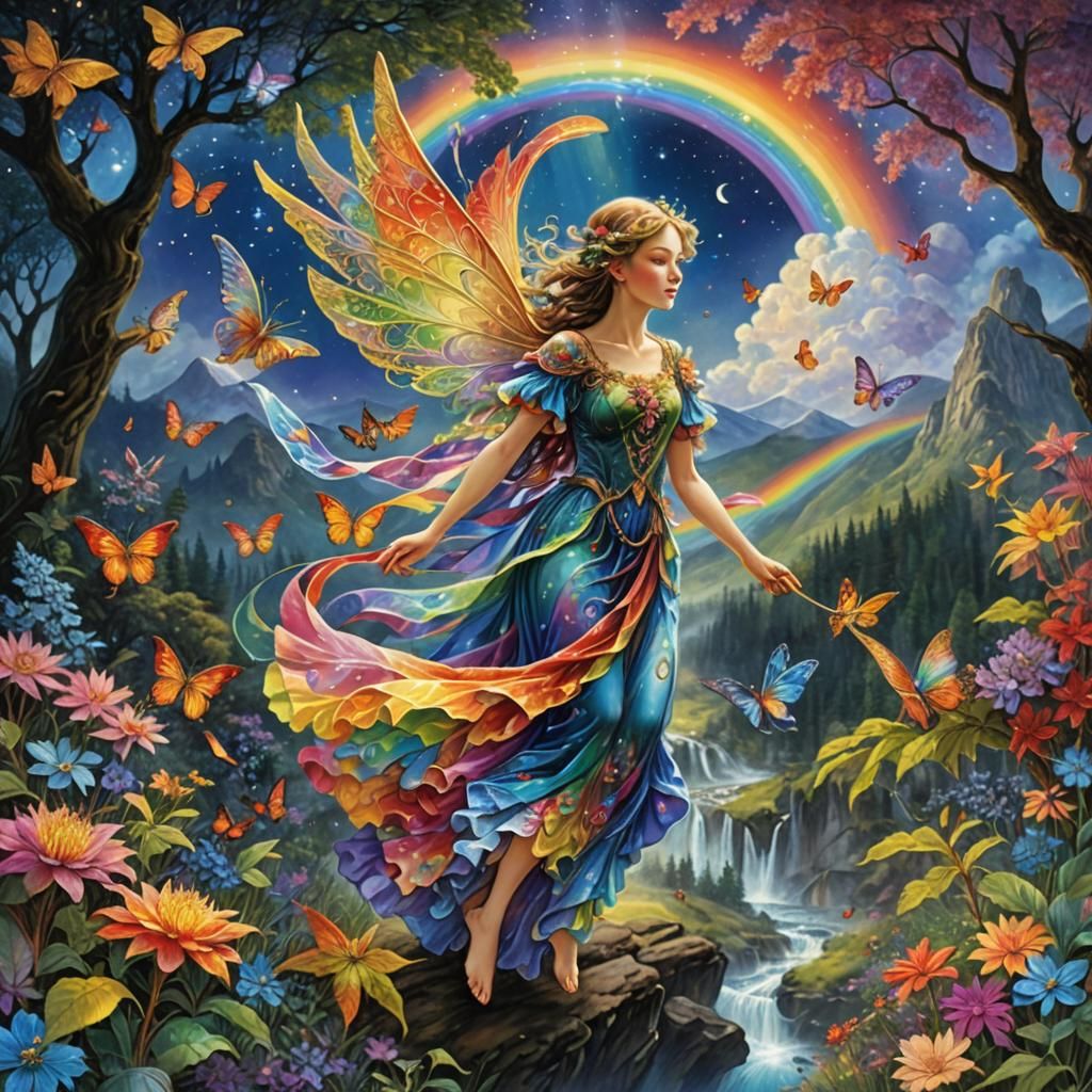 Rainbow Fairy Flight over Colorful Valley