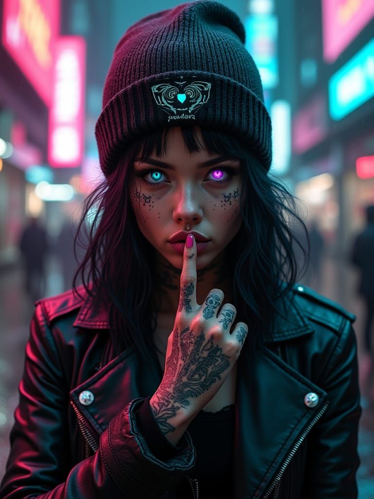 Cyberpunk Rebel Goddess in Neon Cityscape