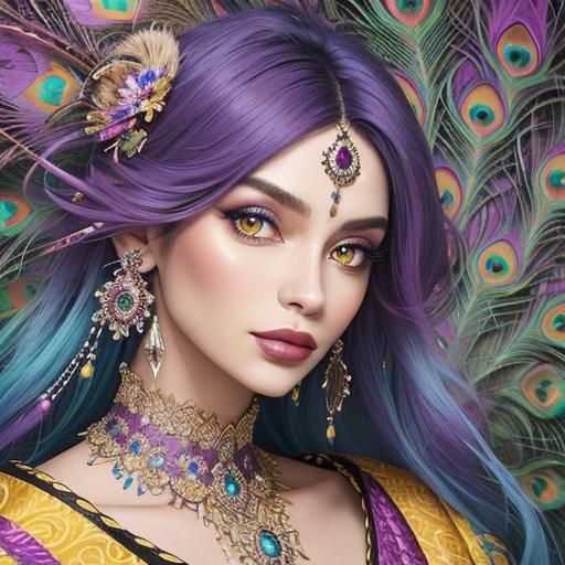 Abstract Portrait of Woman with Peacock Feather Hair