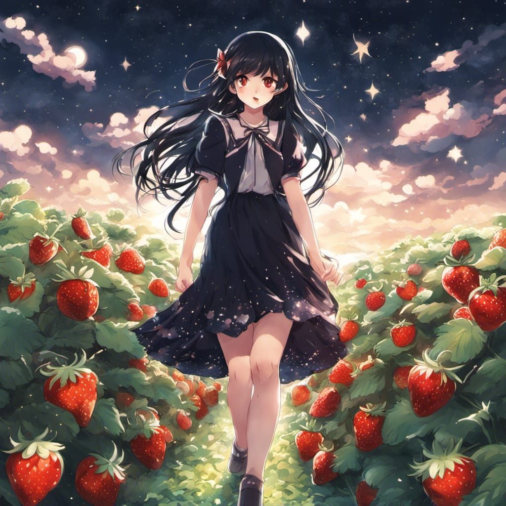 Girl in Starry Dress Walking Strawberry Field at Night
