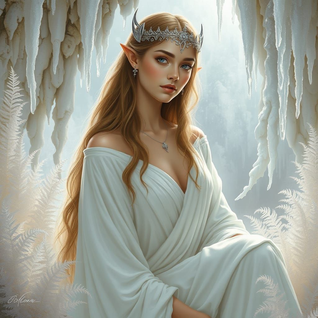 Elegant Elven Woman in a Luminous Grotto