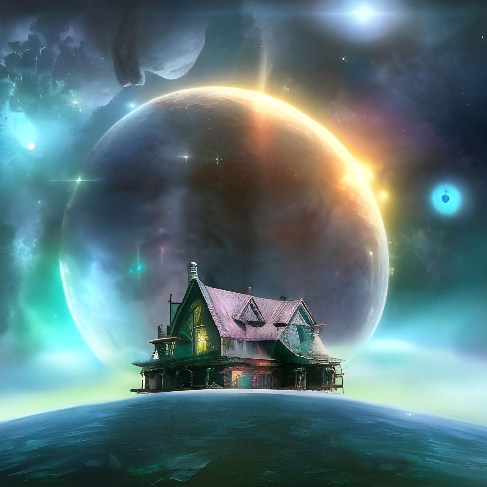 Astral Cosmic Farmhouse in Space: Digital Illustration