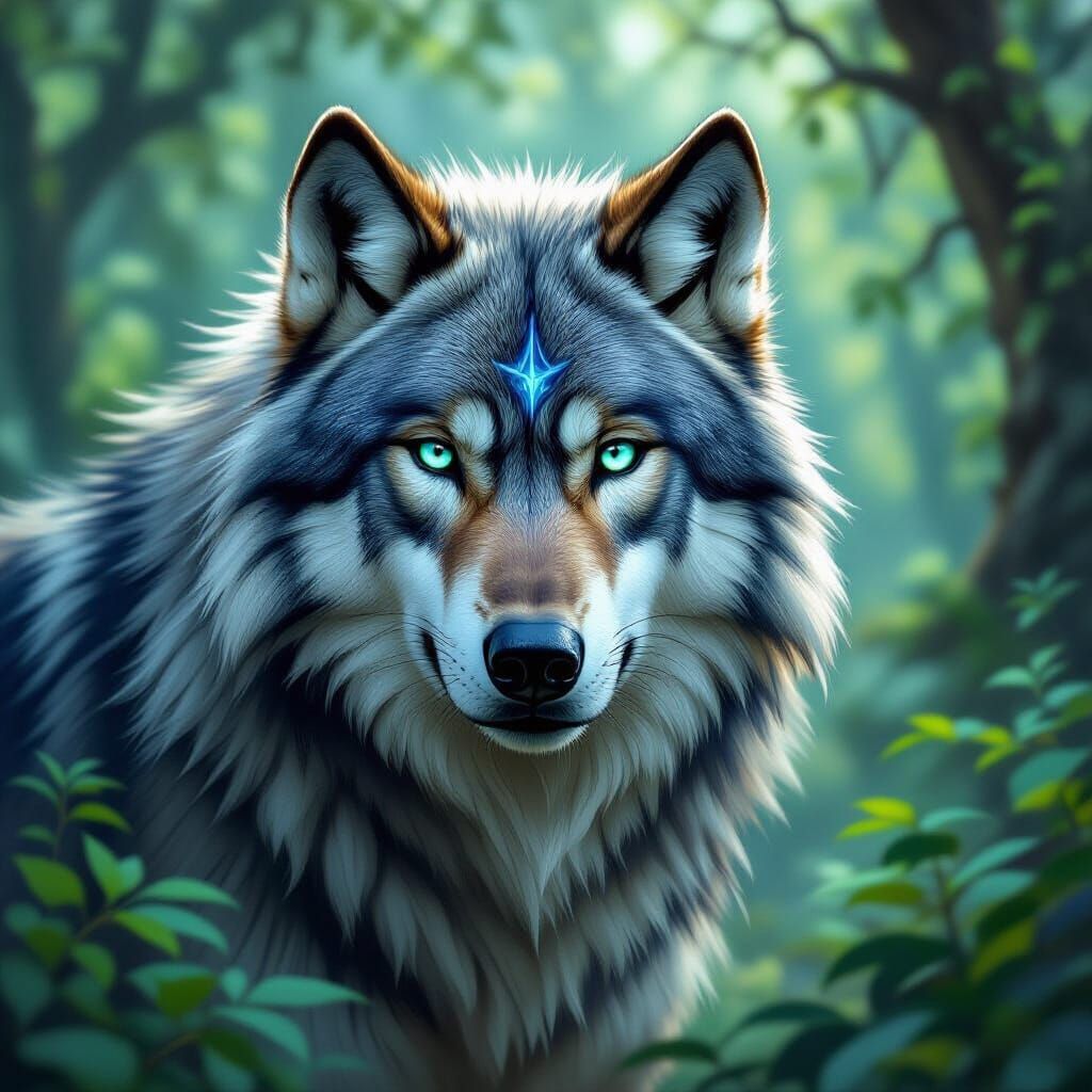 Majestic Heterochromatic Dire Wolf in Fantasy Style