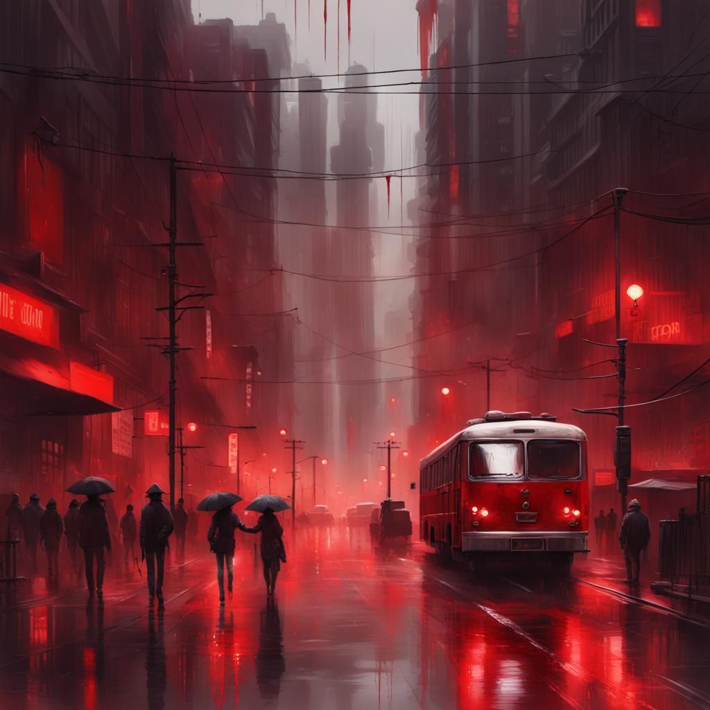 Cityscape in Crimson Rain: Digital Concept Art