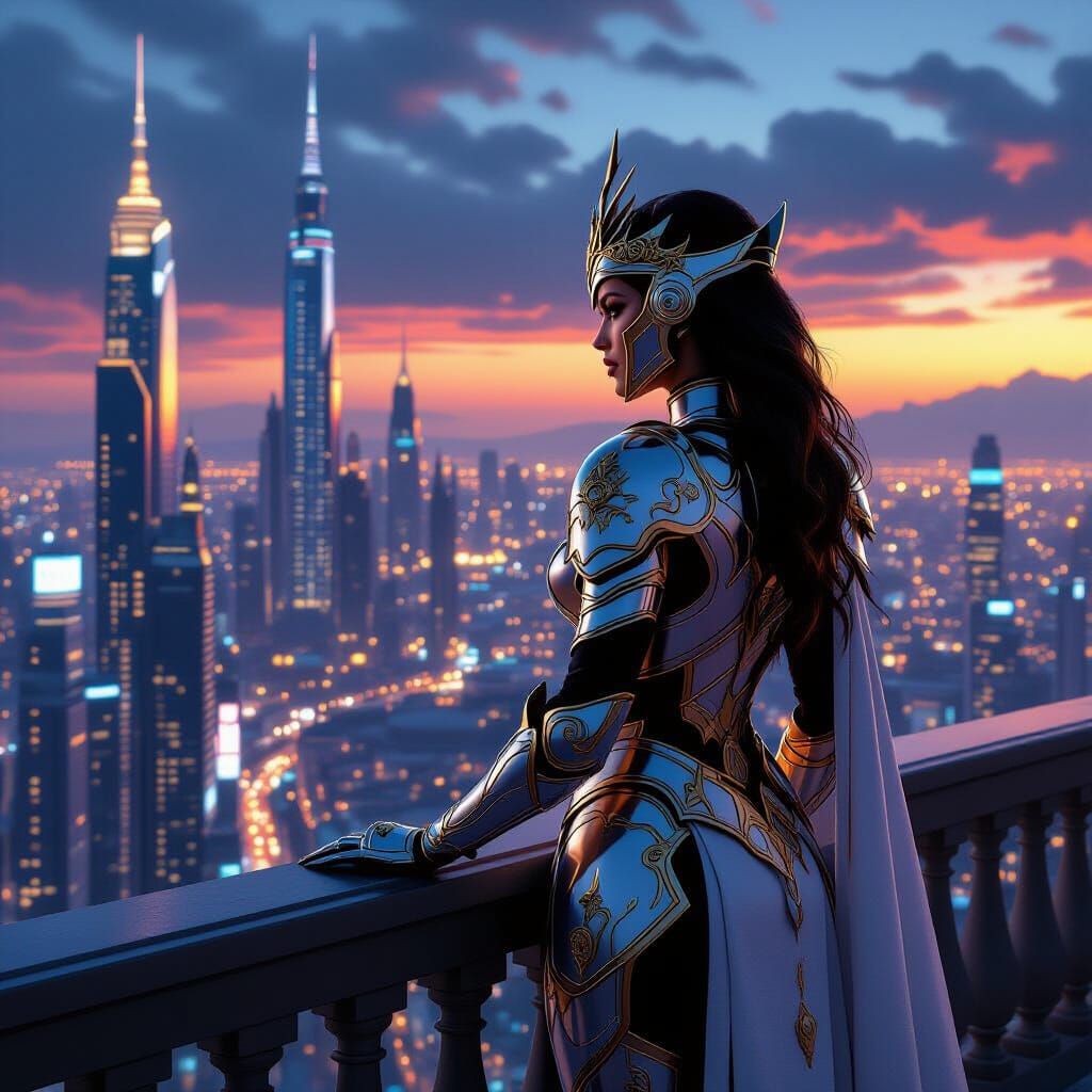 Regal Queen in Futuristic Armor Overlooking Neon City