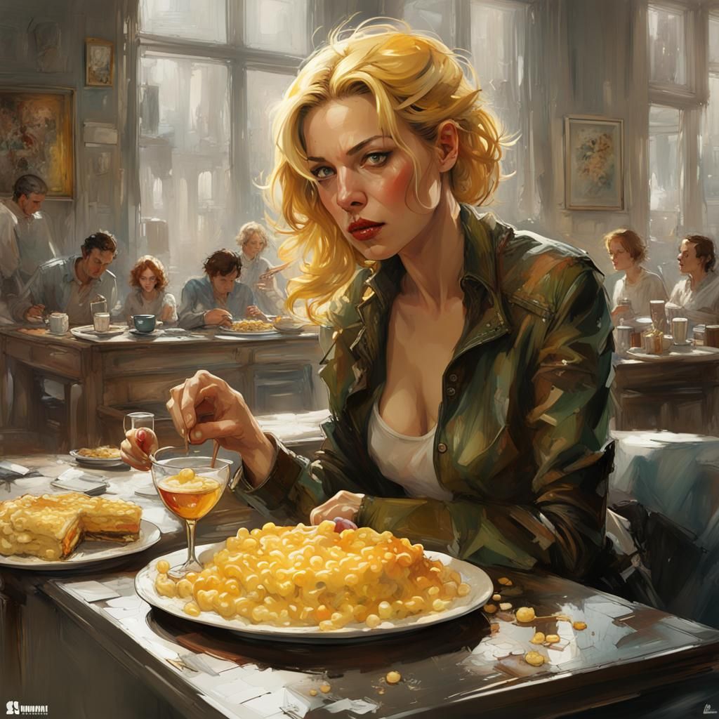 Yelena Belova eating macaroni