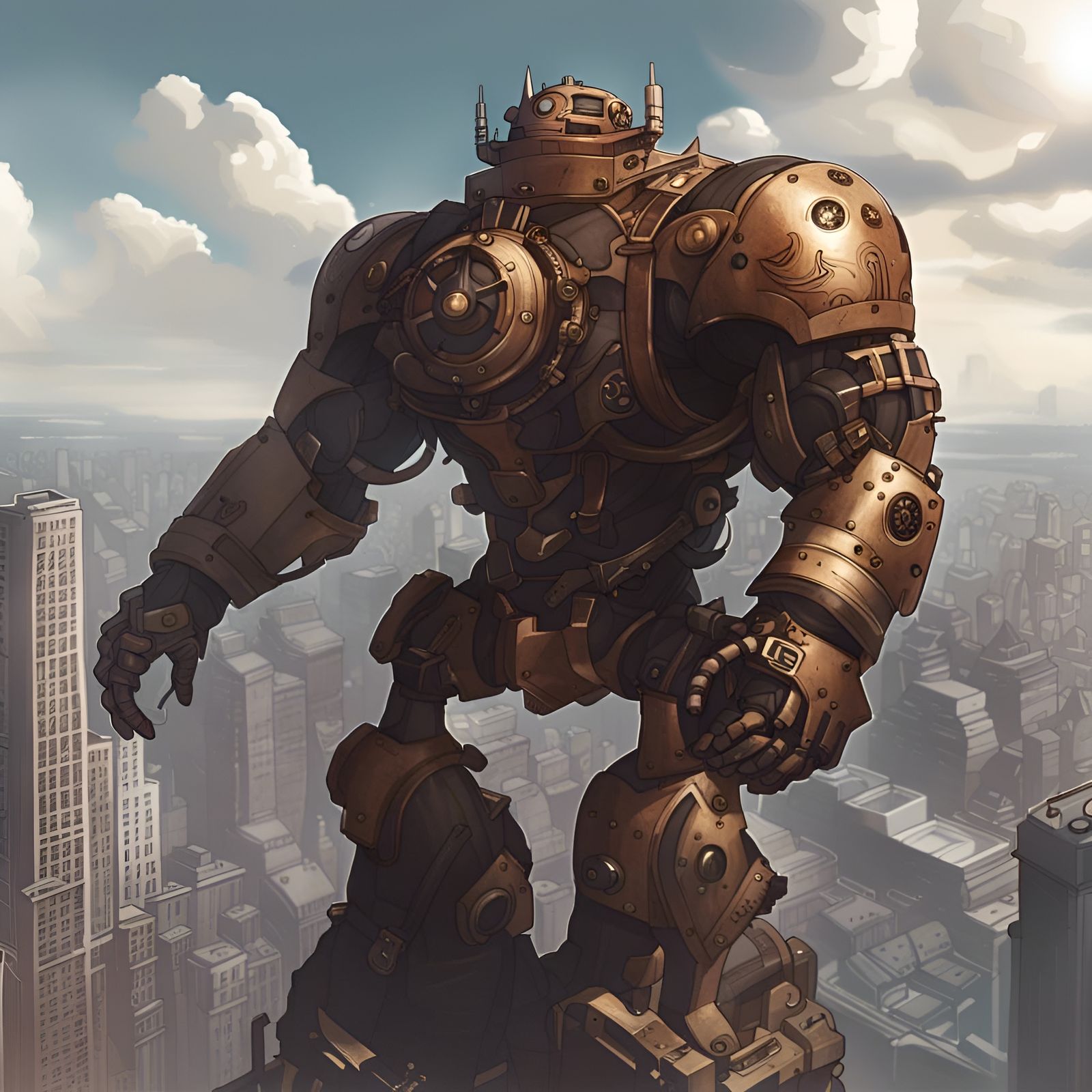 Clockwork Juggernaut Over Cityscape in Manhwa Style