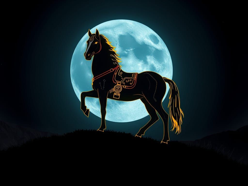 Black Silhouette with shing gold outline of a horse standing...