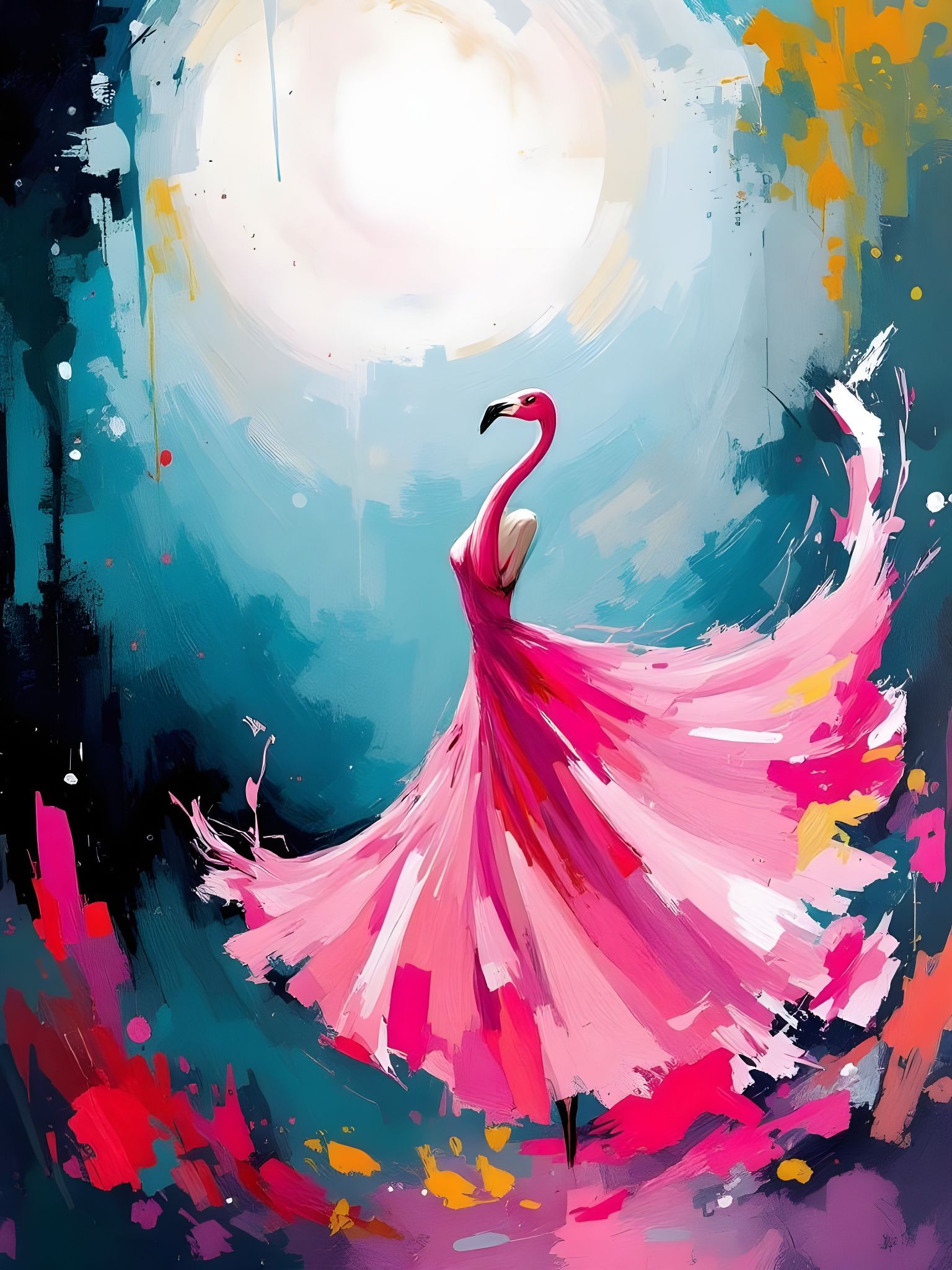 Flamenco Flamingo in Abstract Expressionist Style