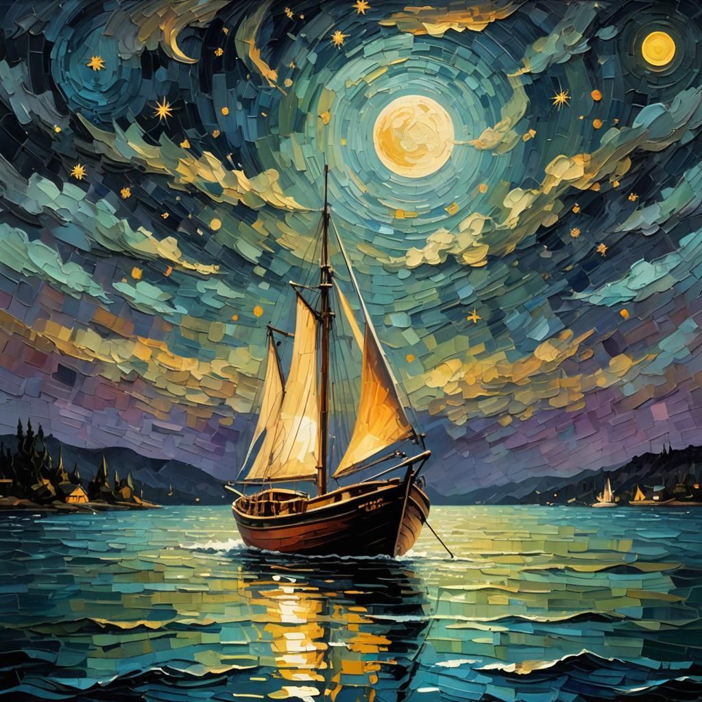Moonlit Harbor in Impasto Neo-Impressionism Style