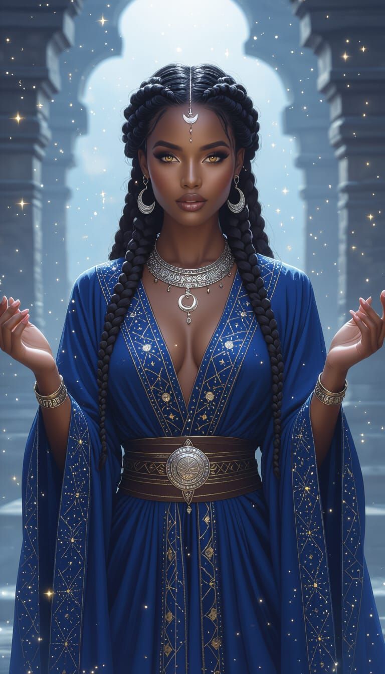 Regal Ethiopian Woman Invoking Starlight: Fantasy Art