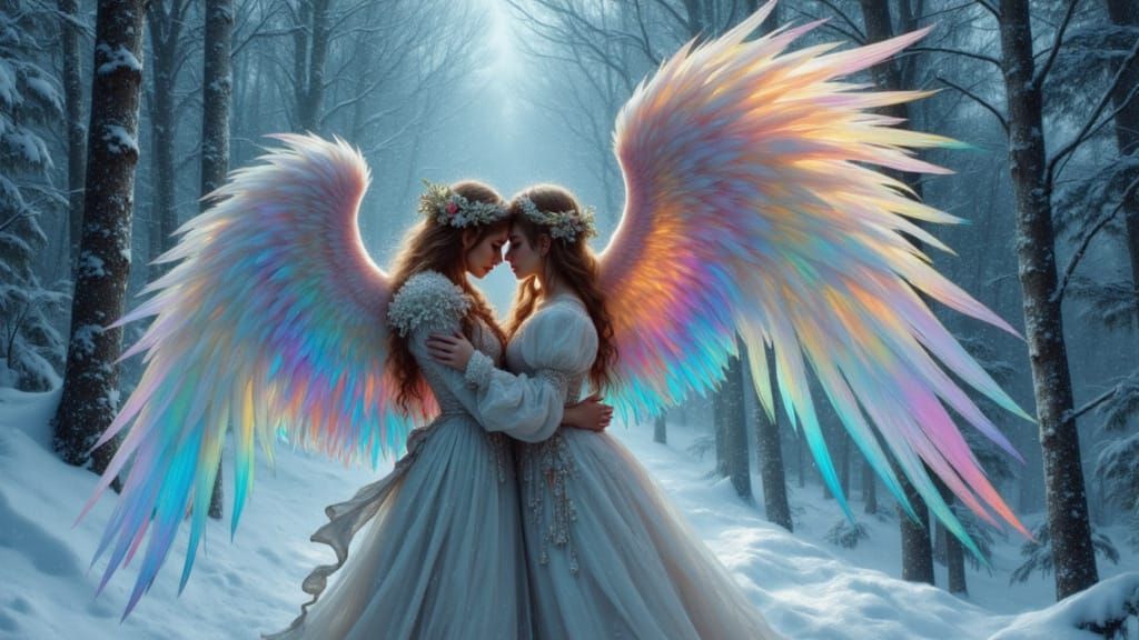 Angel Lovers in Snowy Forest, Iridescent Wings, Oil Painting