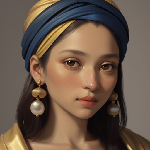 Girl in Exotic Turban, Soft Lighting, and Glowing Pearl Earr...