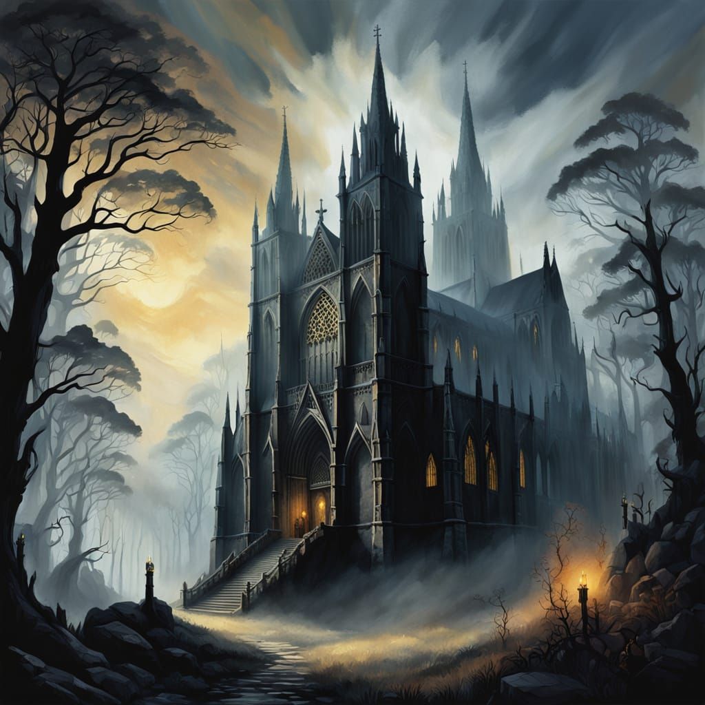 Gothic Cathedral in Mist: A Dark Fantasy Illustration